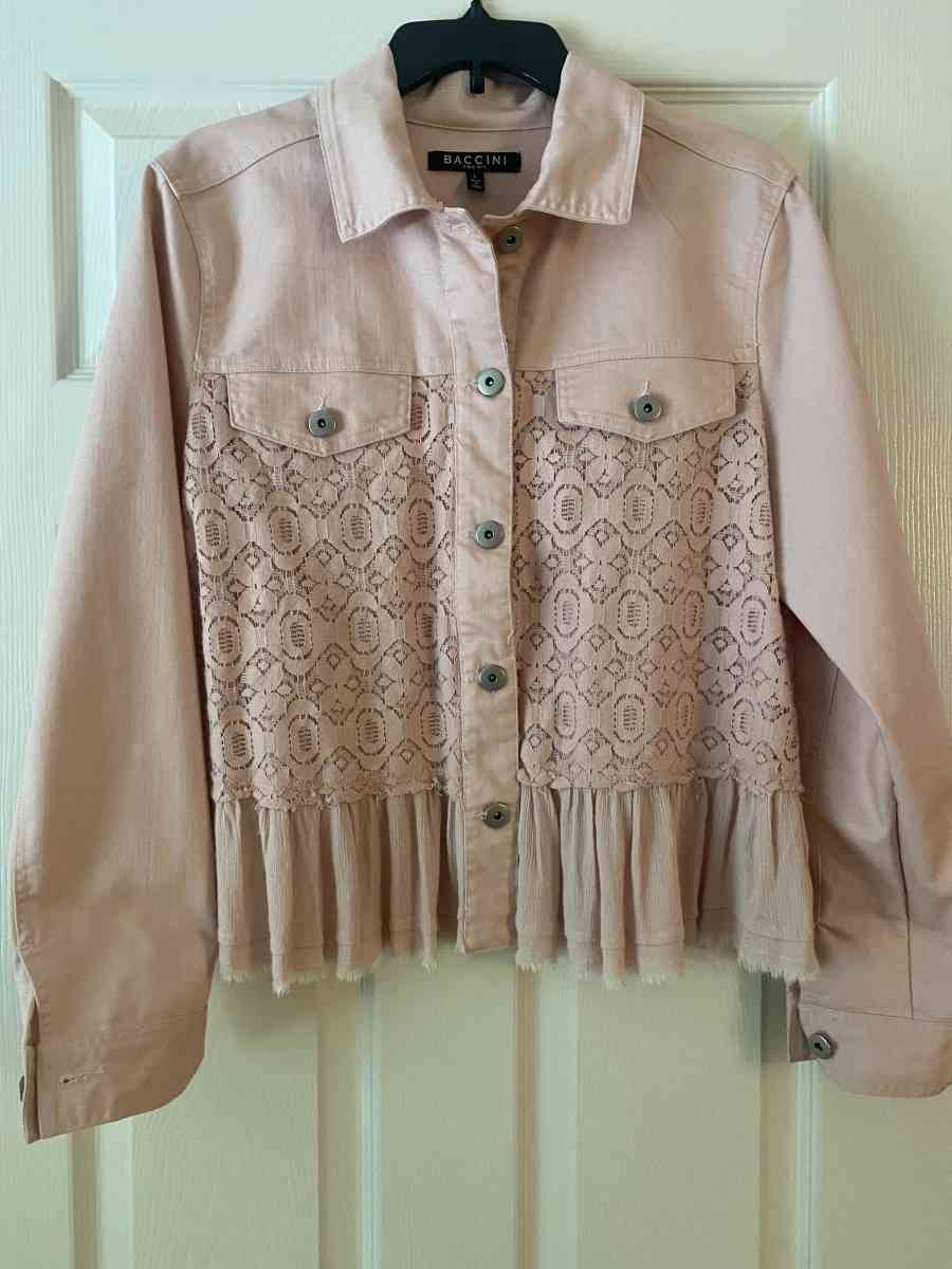 Baccini stretch denim blush lace jacket