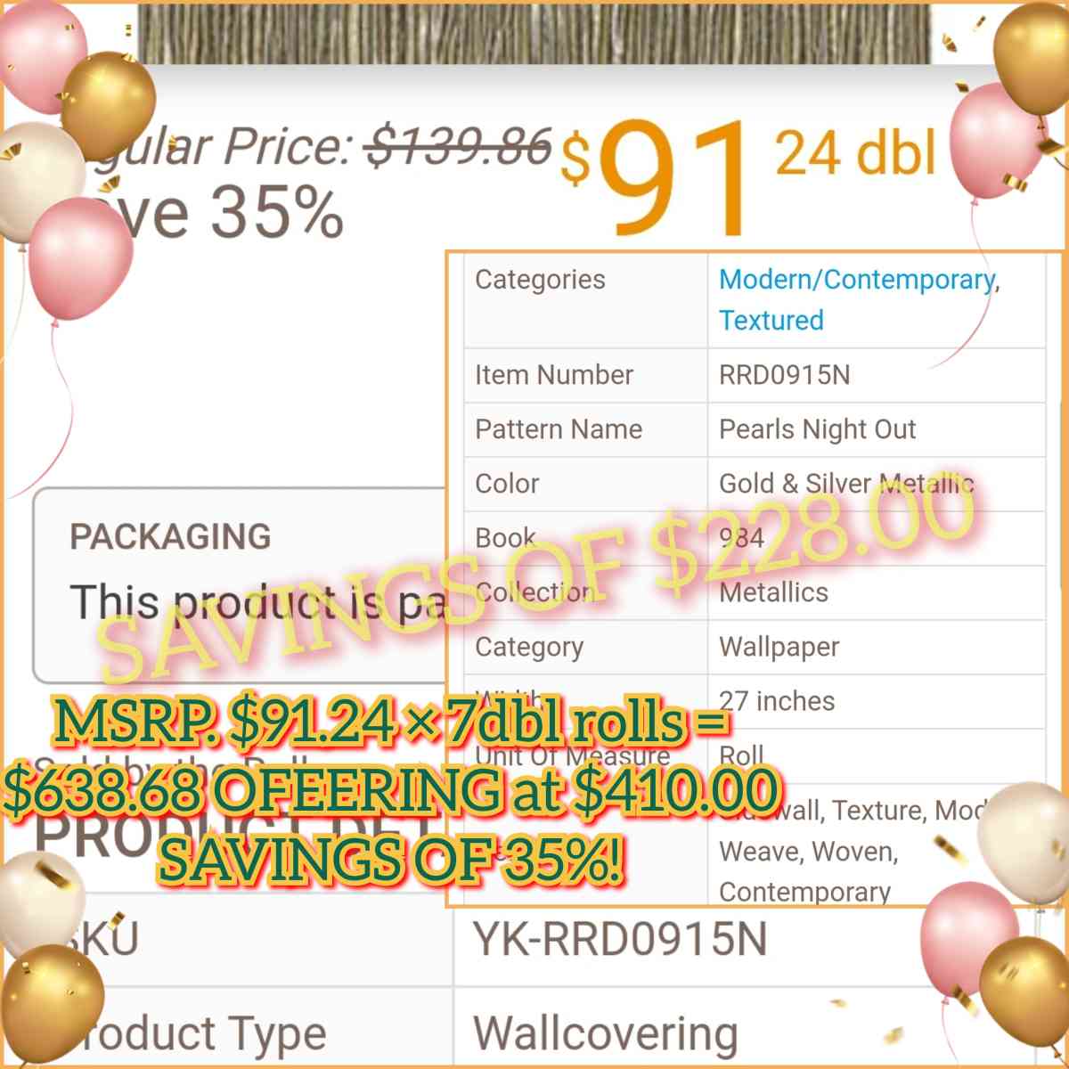 7 dbl Rolls of York ModernContemporary Gold Silver Metallic