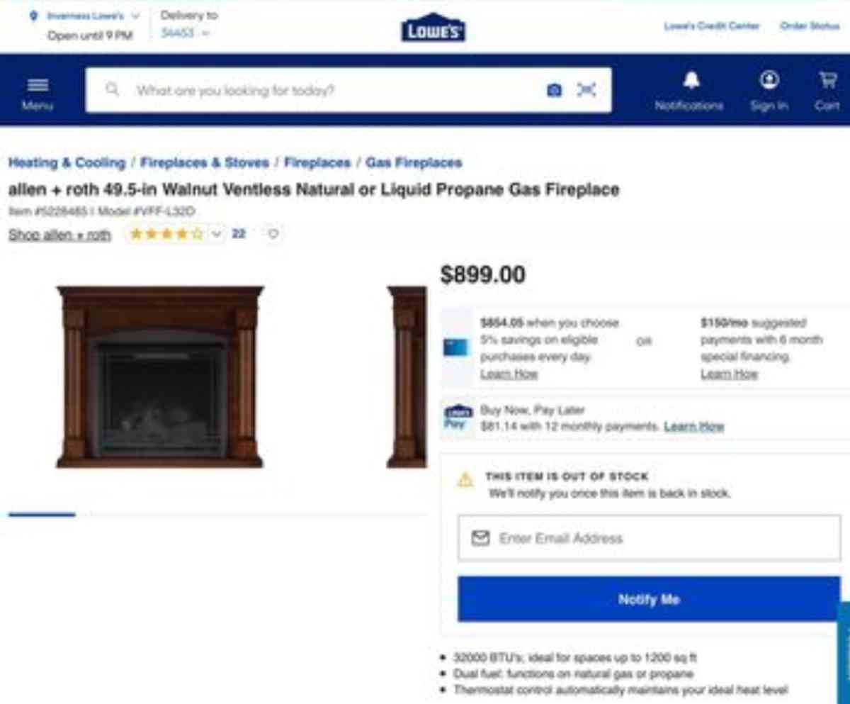 Allen Roth Vent Free Dual Fuel Fireplace