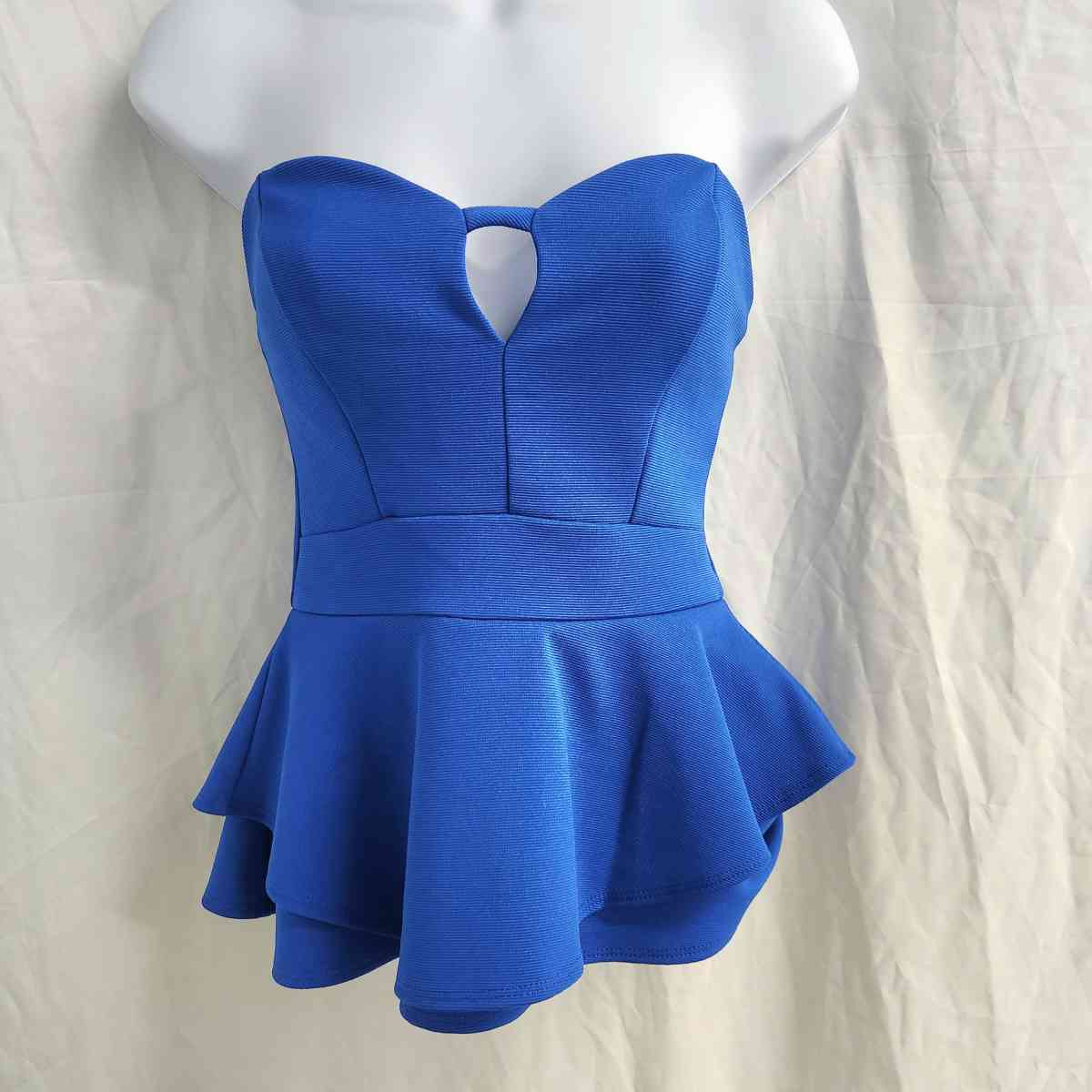 2b Bebe Electric Blue Stretch Flared Peplum Strapless Top