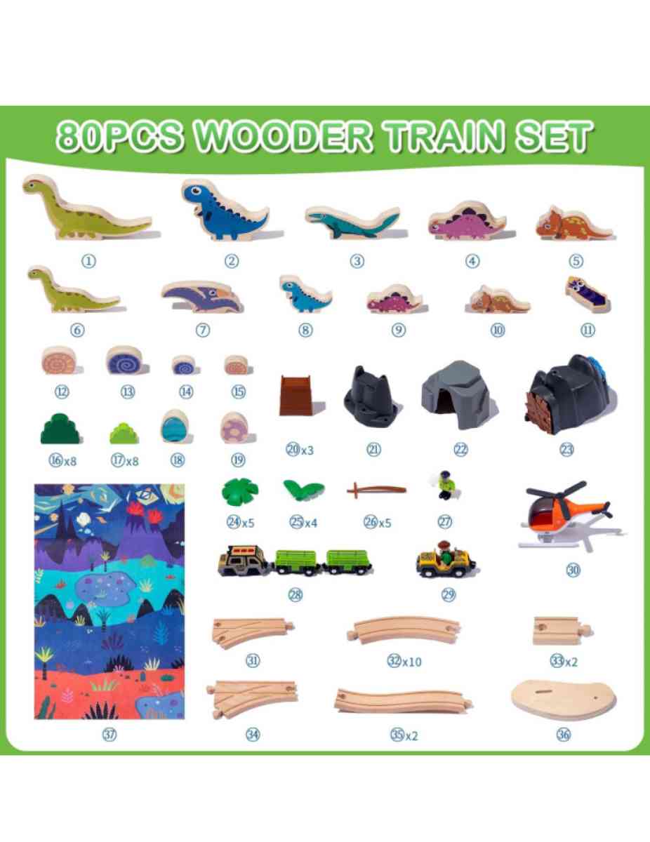 wooden train set 80pcs with map mat