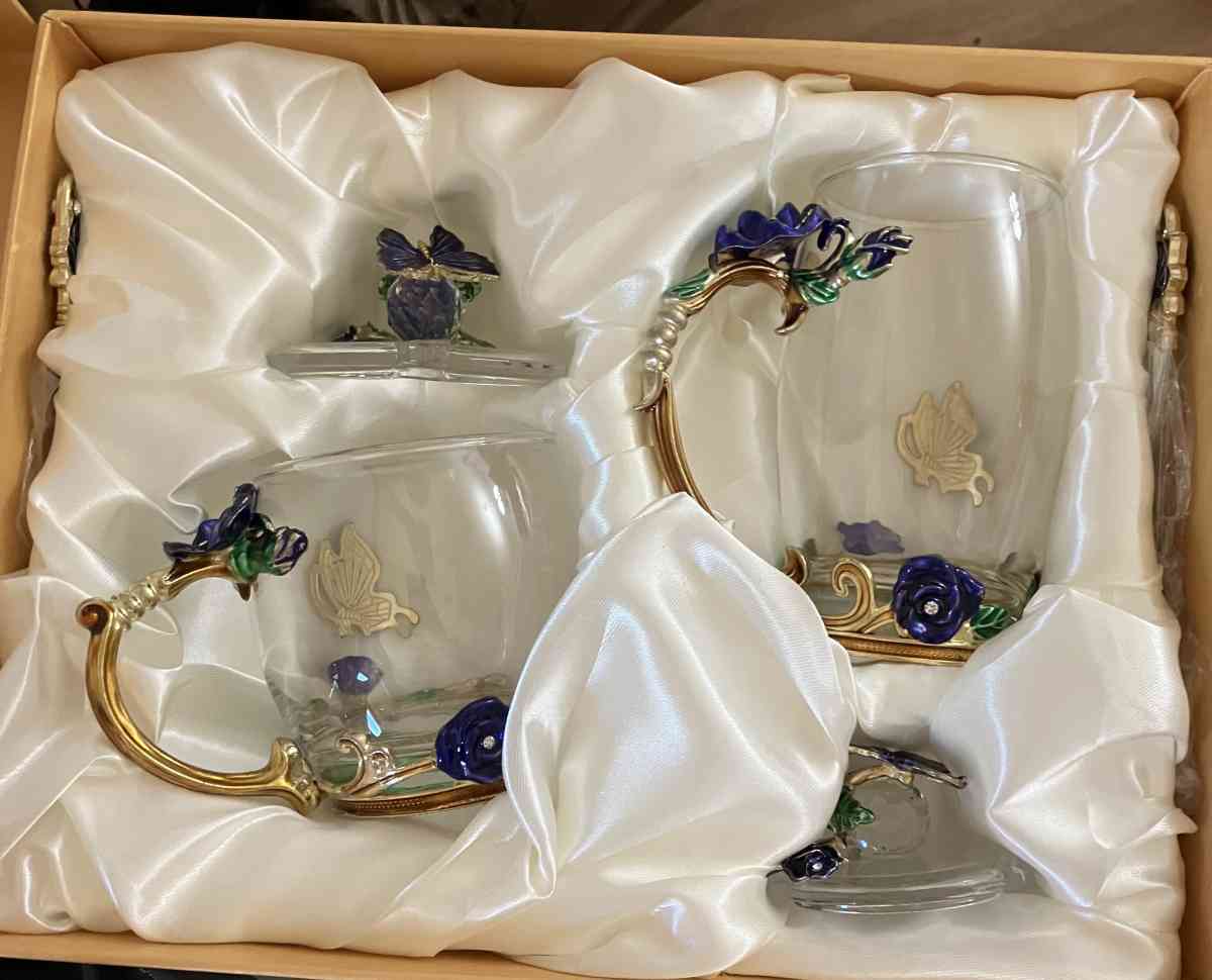 glass tea cup with lids 2pack blue rose butterfly set