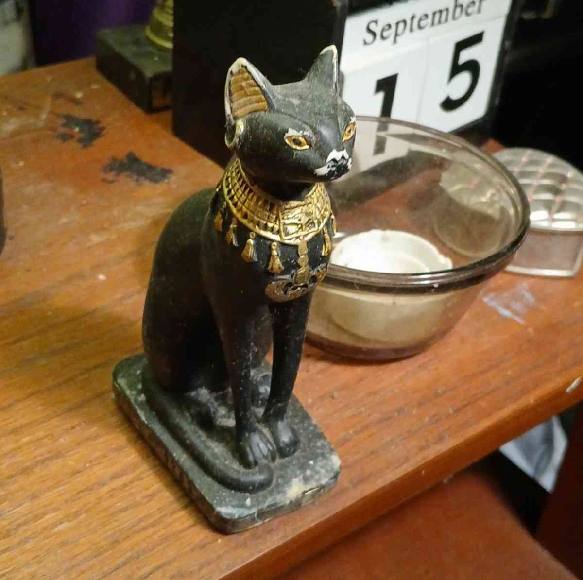 Bastet Black Cat with Scarab Necklace Statue