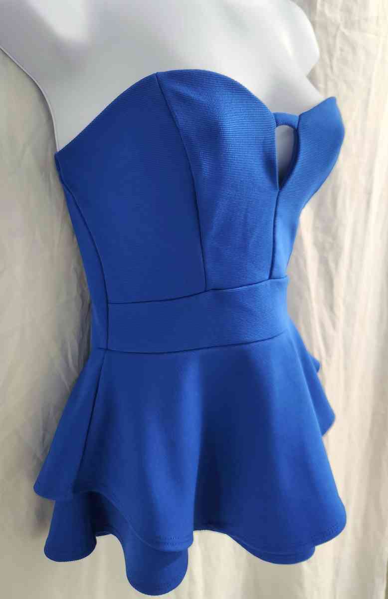 2b Bebe Electric Blue Stretch Flared Peplum Strapless Top