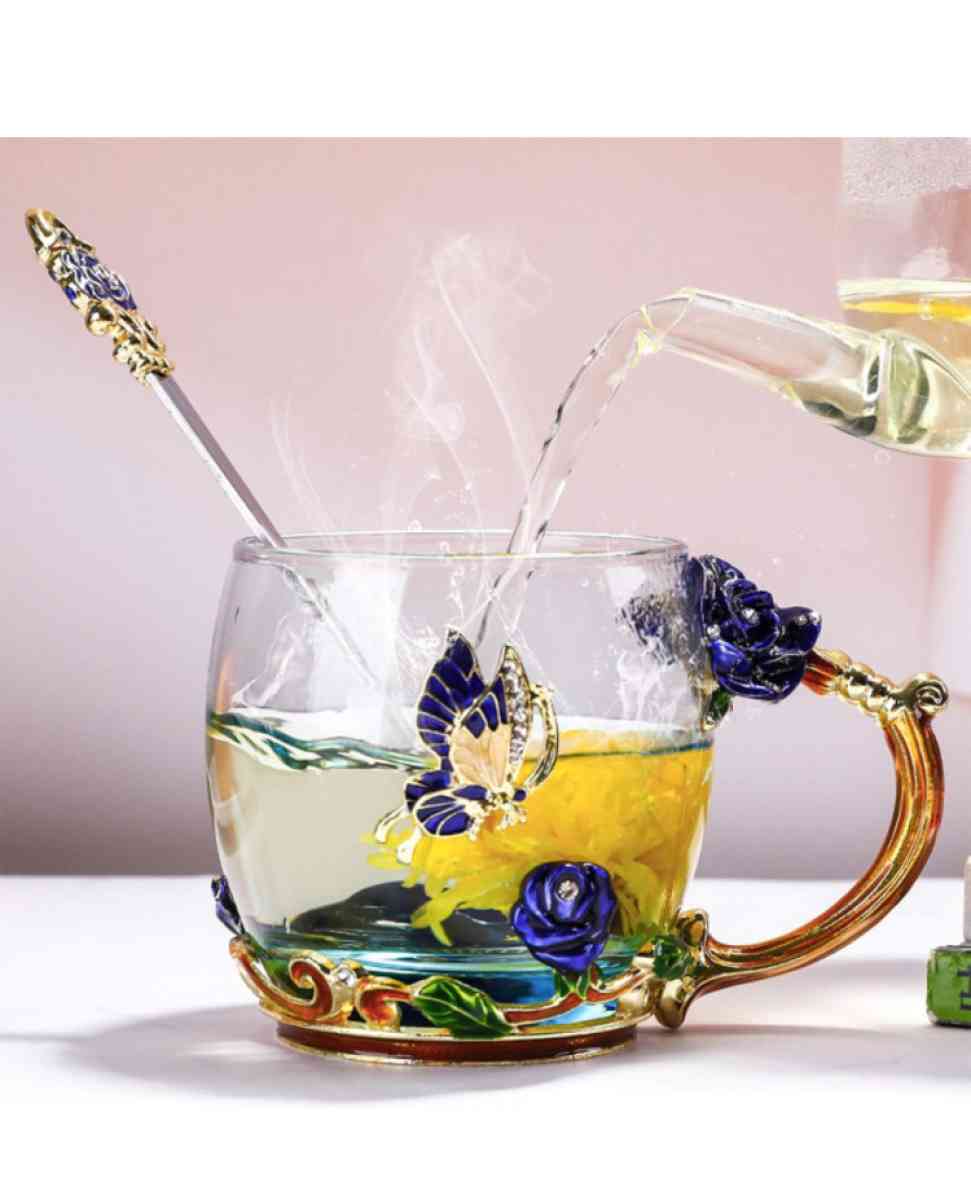 glass tea cup with lids 2pack blue rose butterfly set