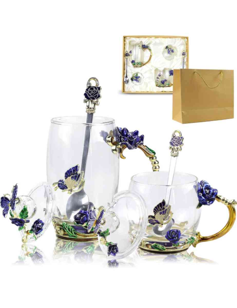 glass tea cup with lids 2pack blue rose butterfly set