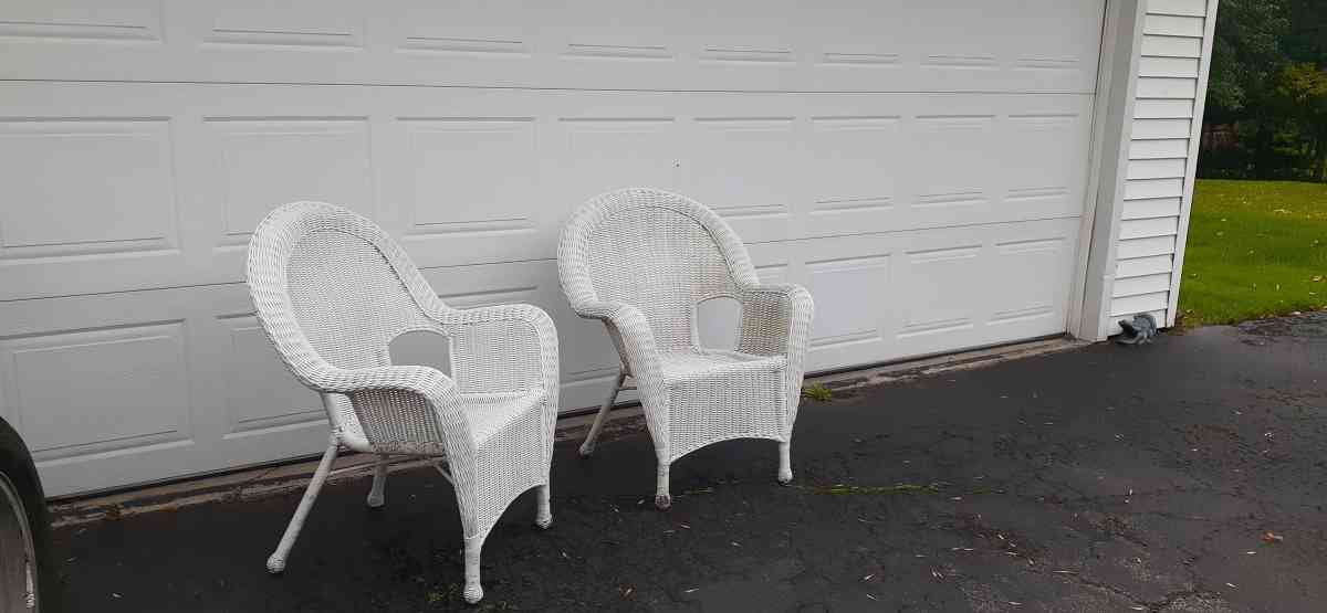 2 resin white wicker chairs