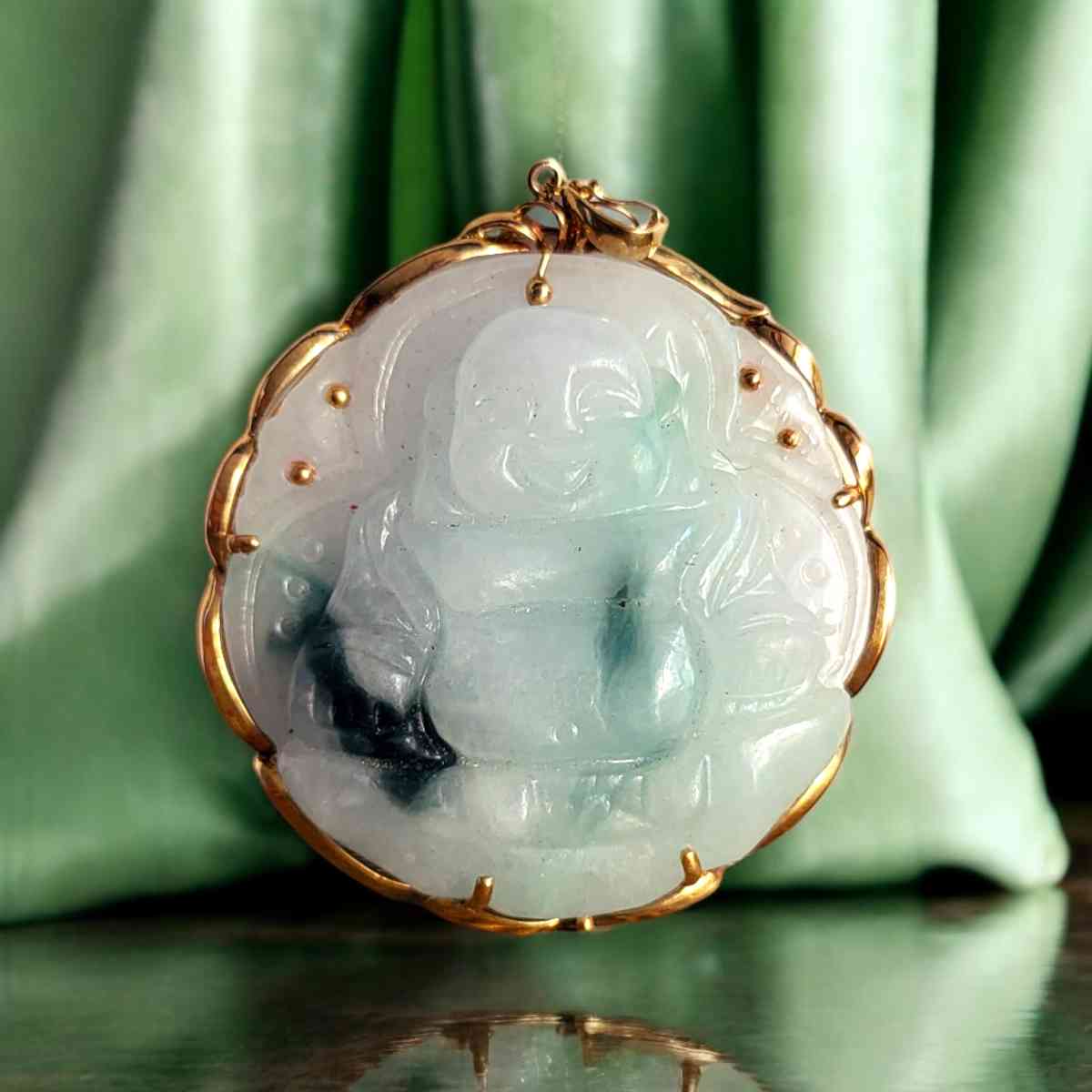 natural jade lavender Buddha Pendant in 14 kt gold frame