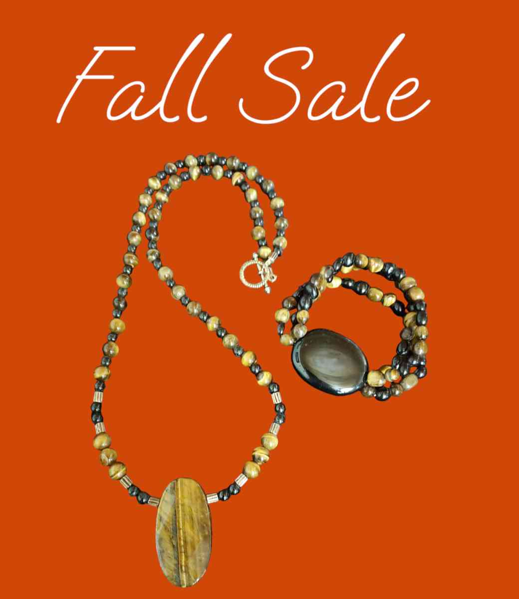 Tigers eye large stone Necklace and Bracelet set