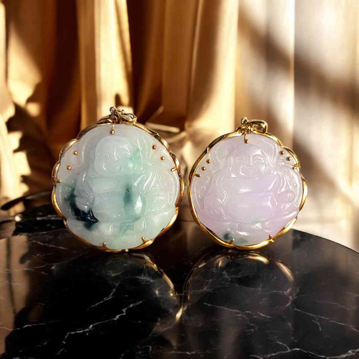 natural jade lavender Buddha Pendant in 14 kt gold frame
