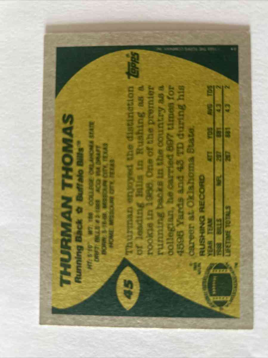 1989 Topps Thurman Thomas Rookie Football Card