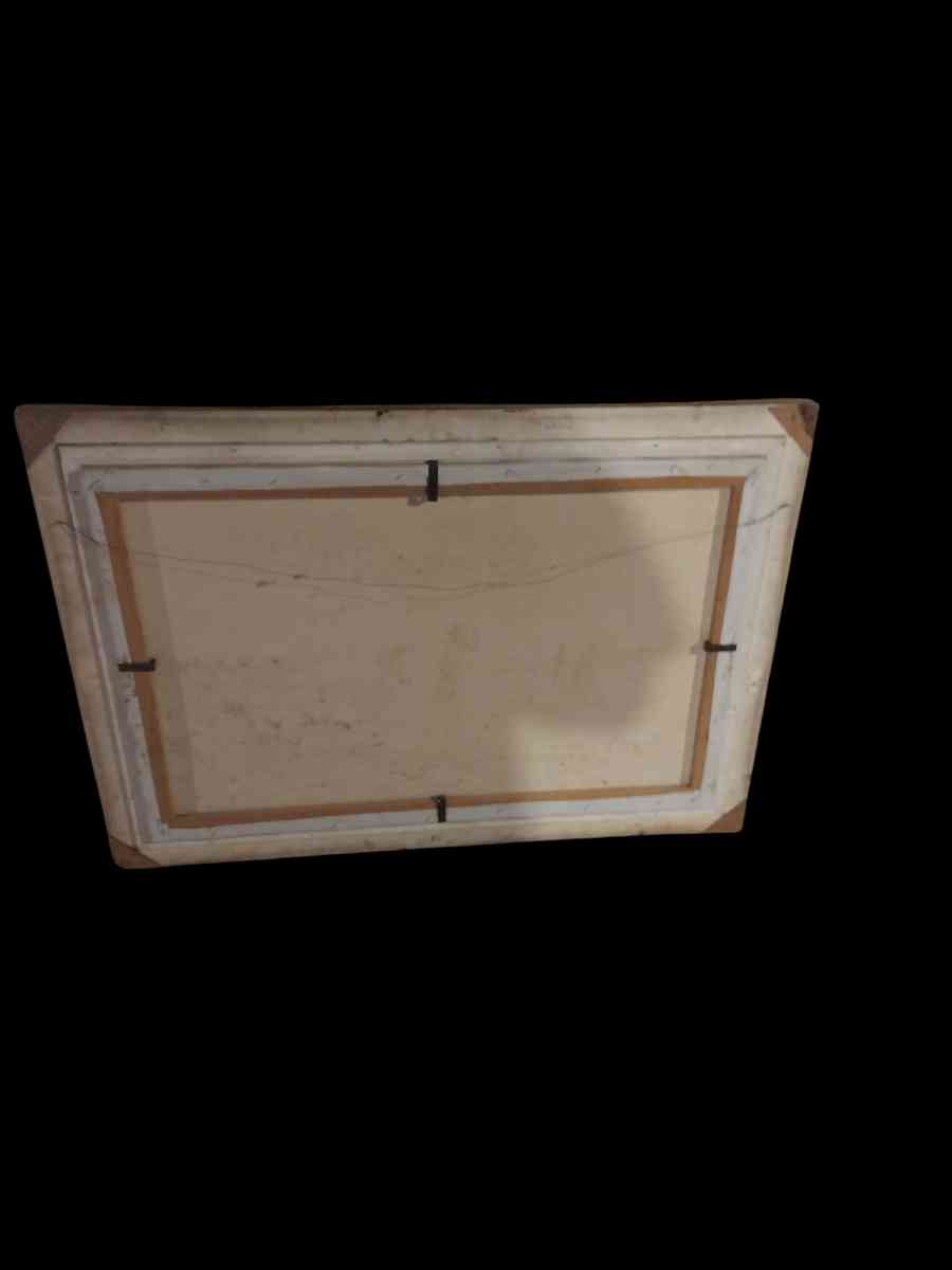 antique oil painting depicting two women looking at the sea