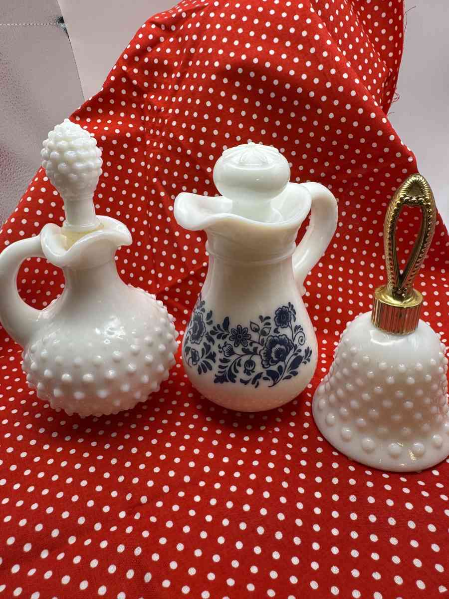 1049Three Avon Milk Glass Containers Two Pitchers  Bell