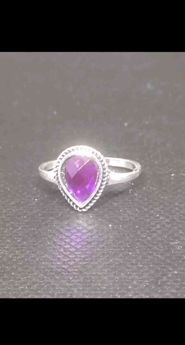 Purple Teardrop Silver Ring