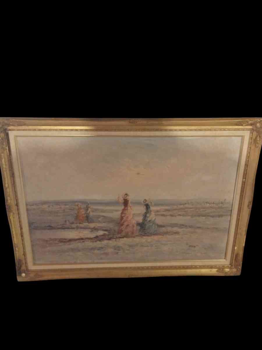 antique oil painting depicting two women looking at the sea