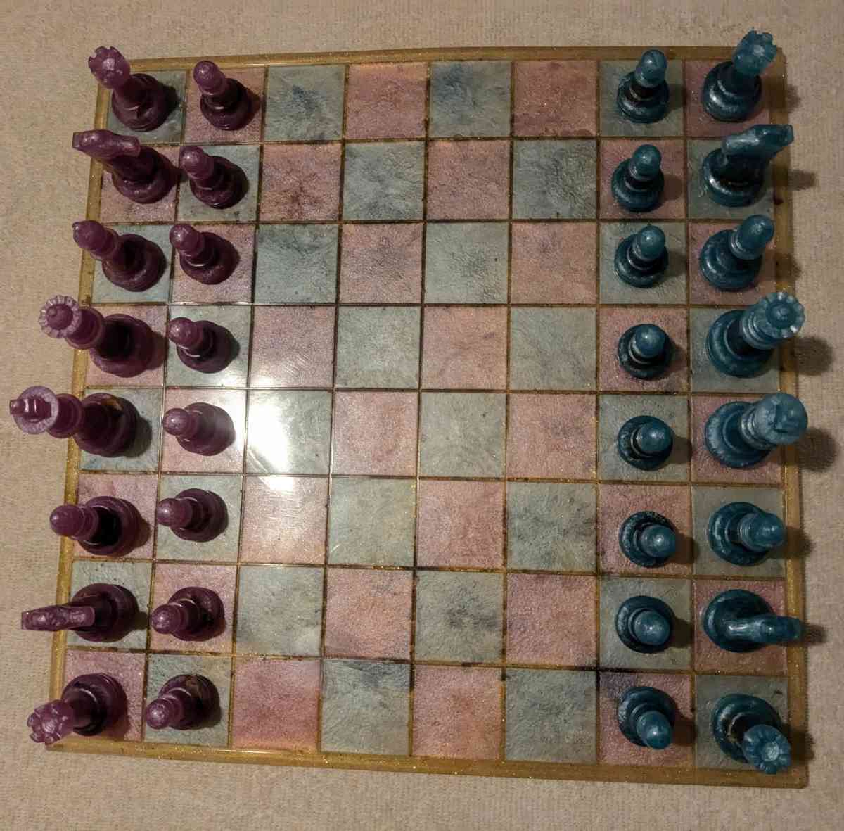 Pink and Blue Petrified Wood Chess Set