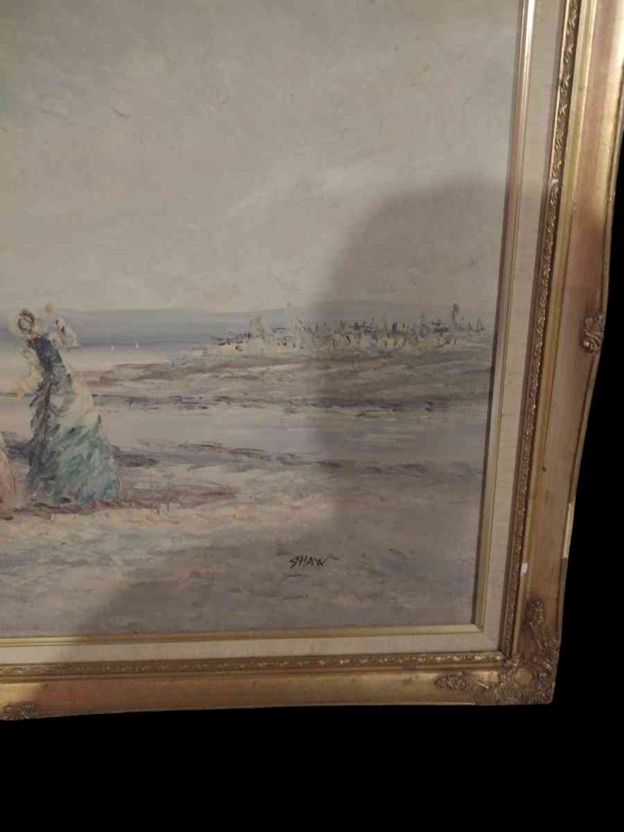 antique oil painting depicting two women looking at the sea