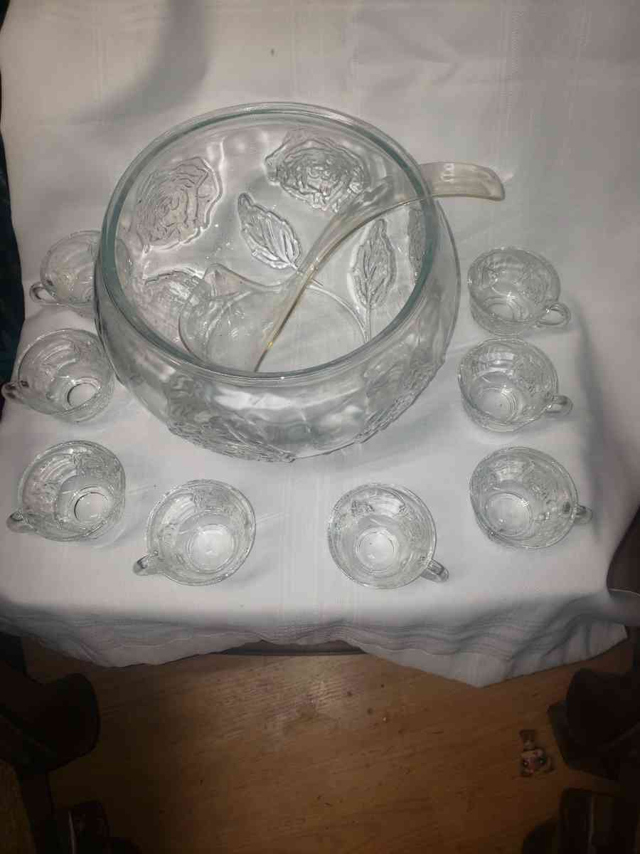 Large Rose Embossed Glass Bowl  Punch Bow