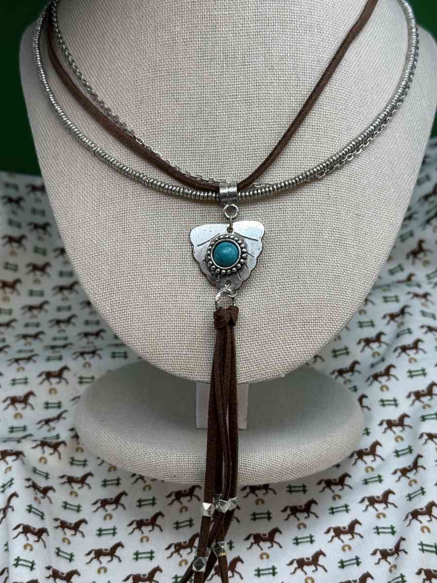 3003PTSO Myra Bag Feather Shield Stacked Necklace Leather  M