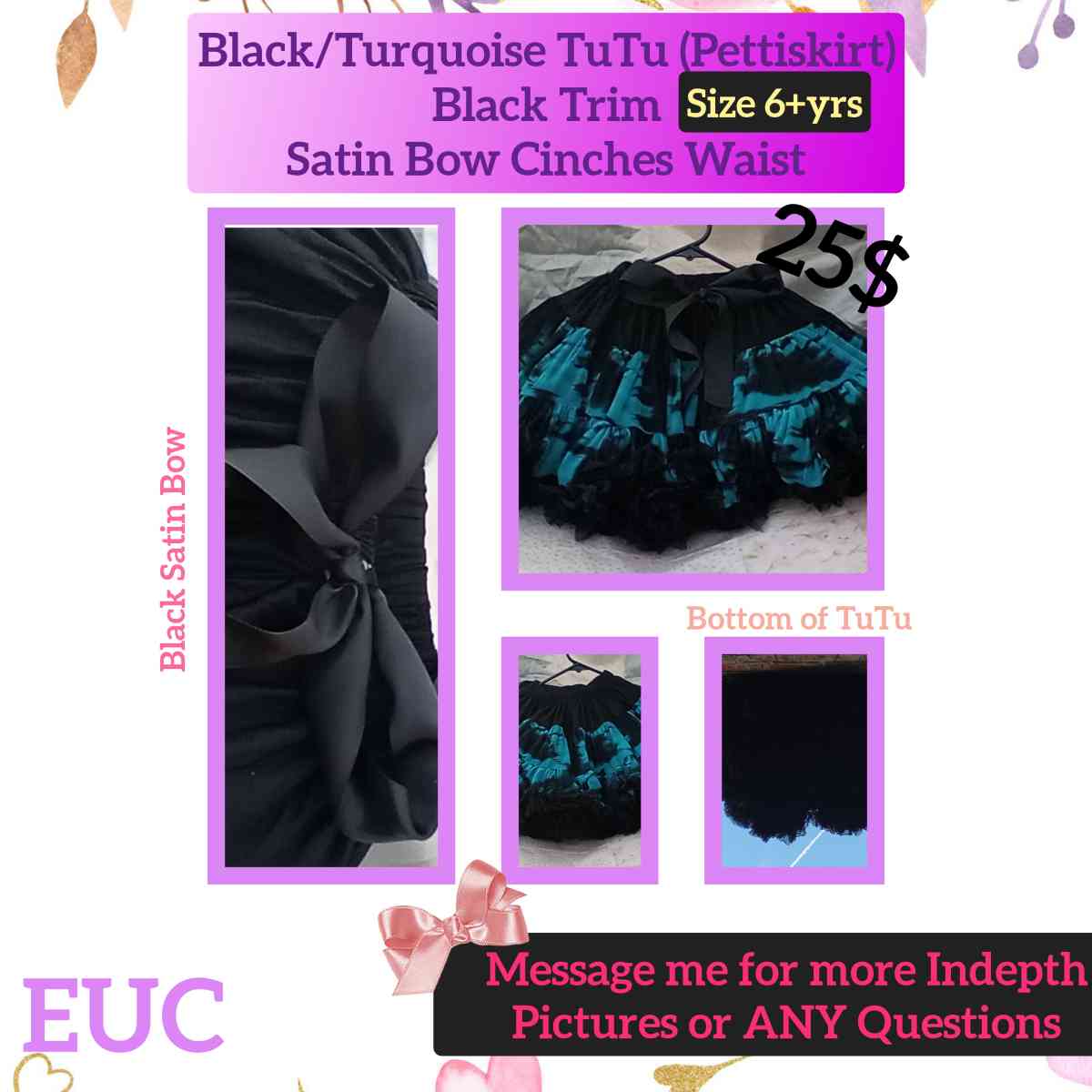 6yrs Blk Teal TuTu Pettiskirt EUC Bow Cinches Waist