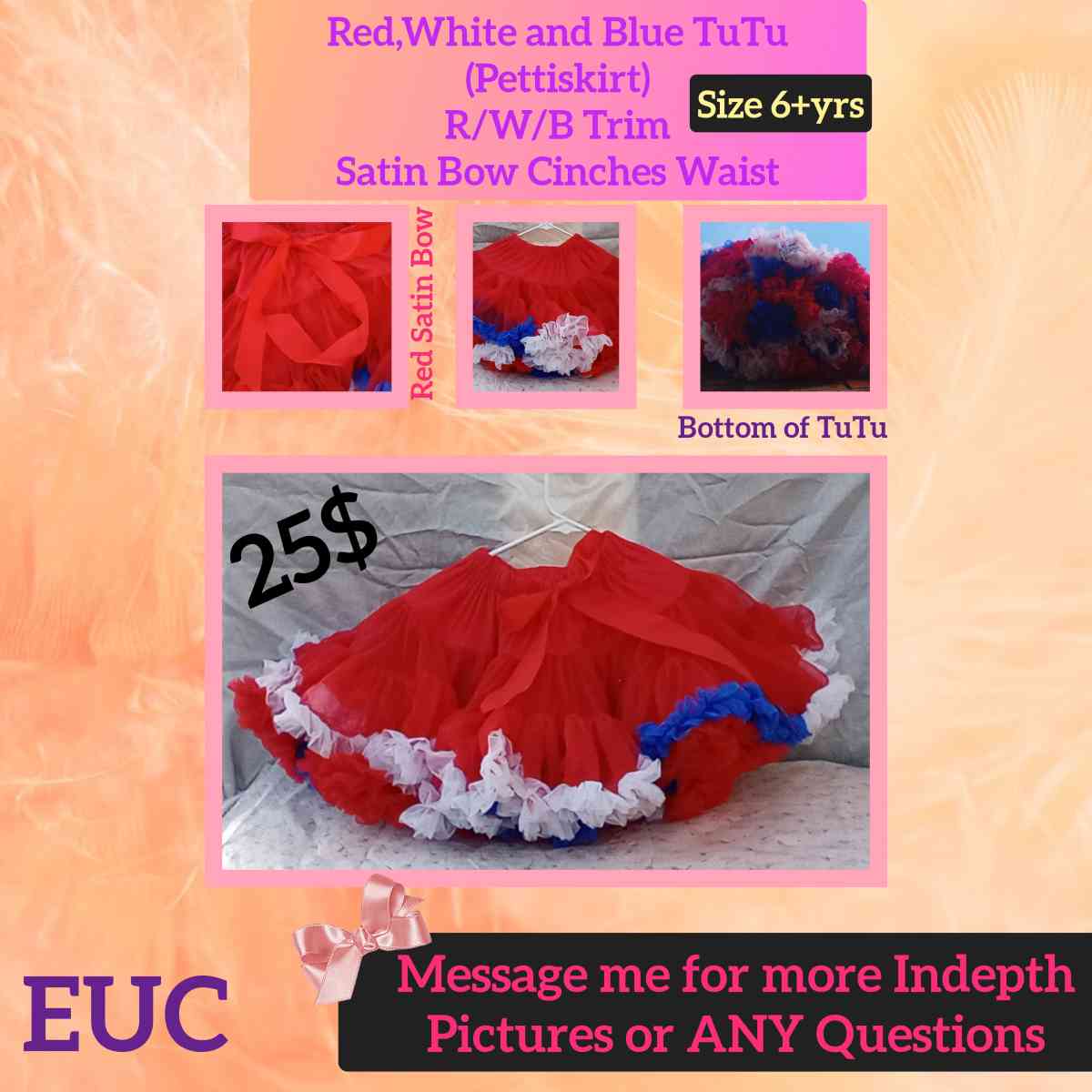6yrs Red White Blue TuTu Pettiskirt EUC Bow Cinches Waist