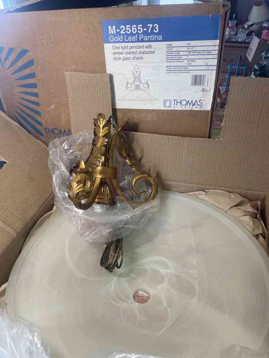Gold Leaf Patina Amber Swirl Alabaster White Light Pendant