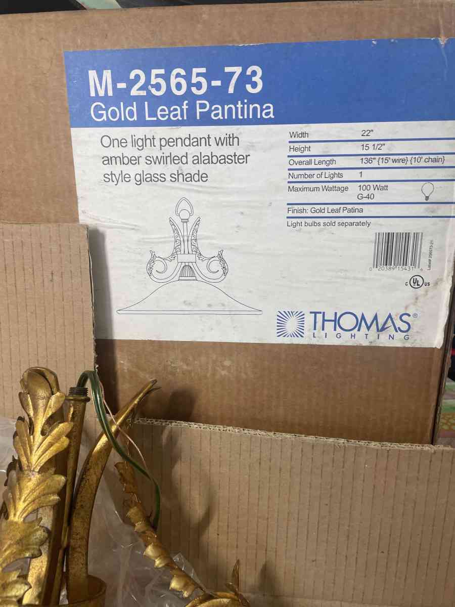 Gold Leaf Patina Amber Swirl Alabaster White Light Pendant