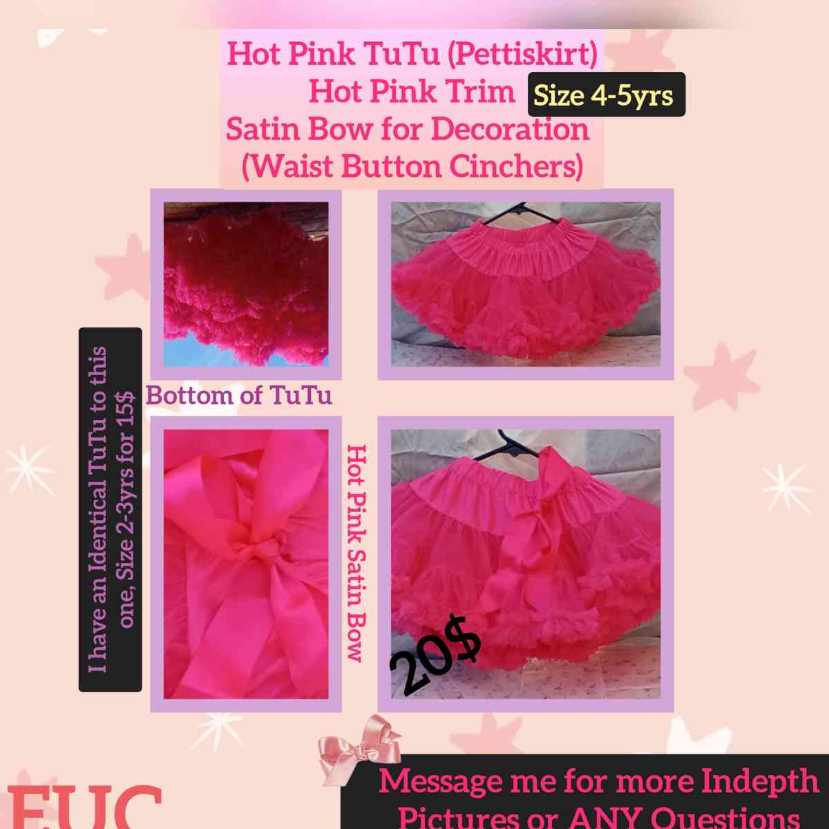 4 to 5yrs Hot Pink TuTu Pettiskirt EUC Button Cinchers