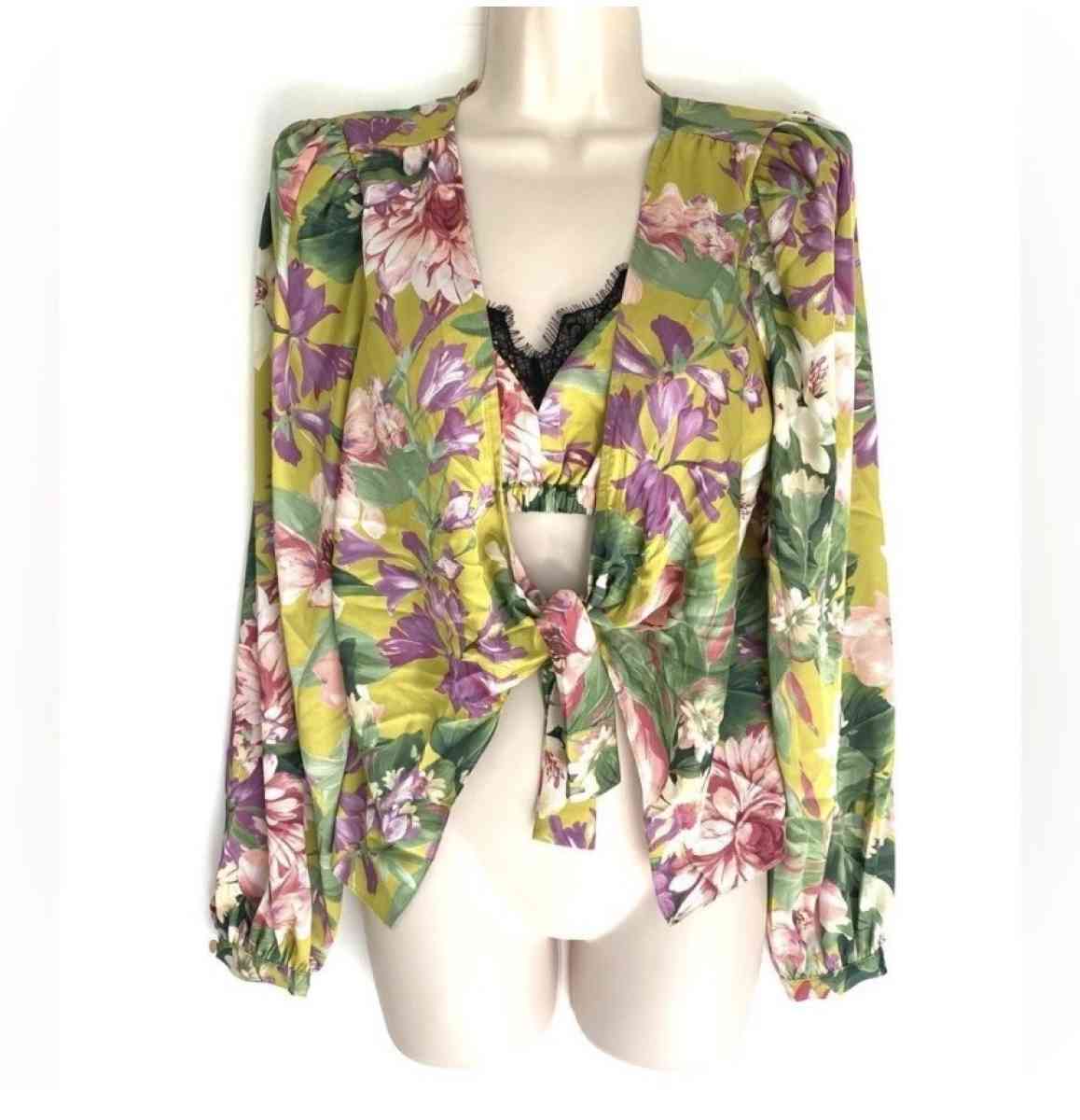 Express Satin Floral Tie Front Bralette Two Piece Top S NEW