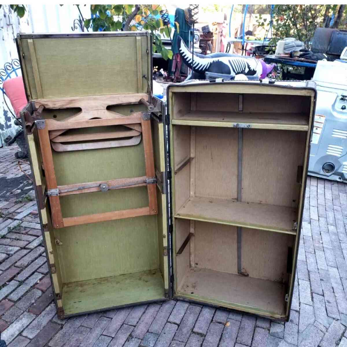 1900s Oshkosh Steamer Trunk 5 Leather Handle Drawers Hangers