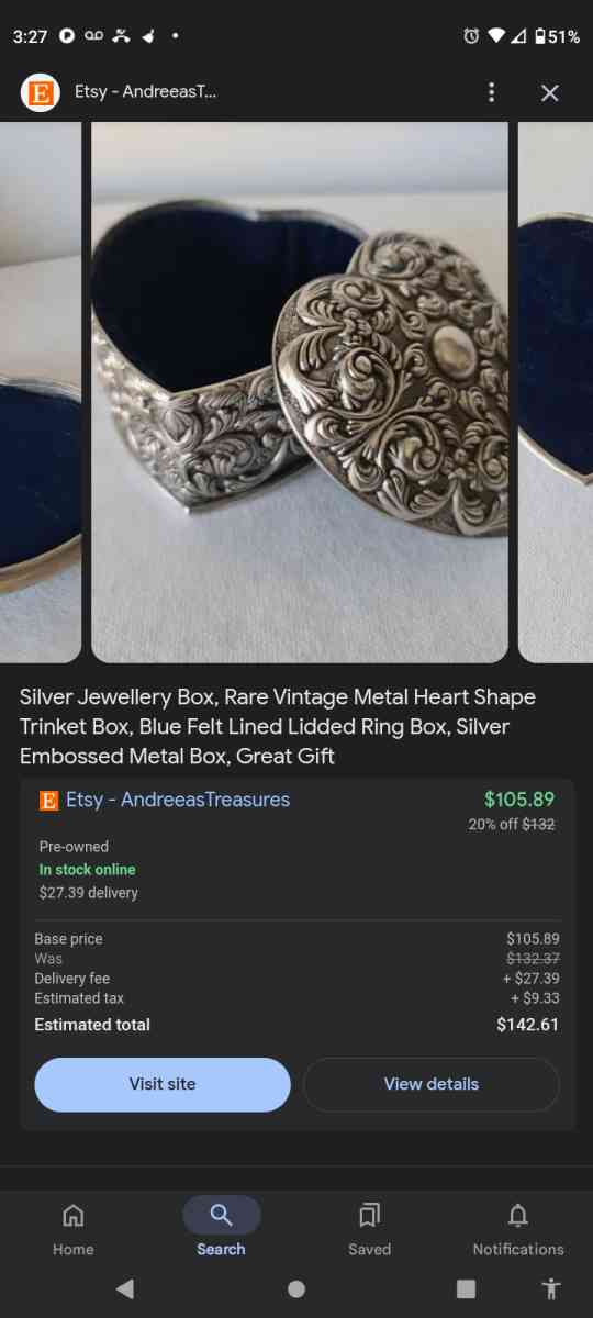 rare vintage metal heart shape trinket box blue velvet