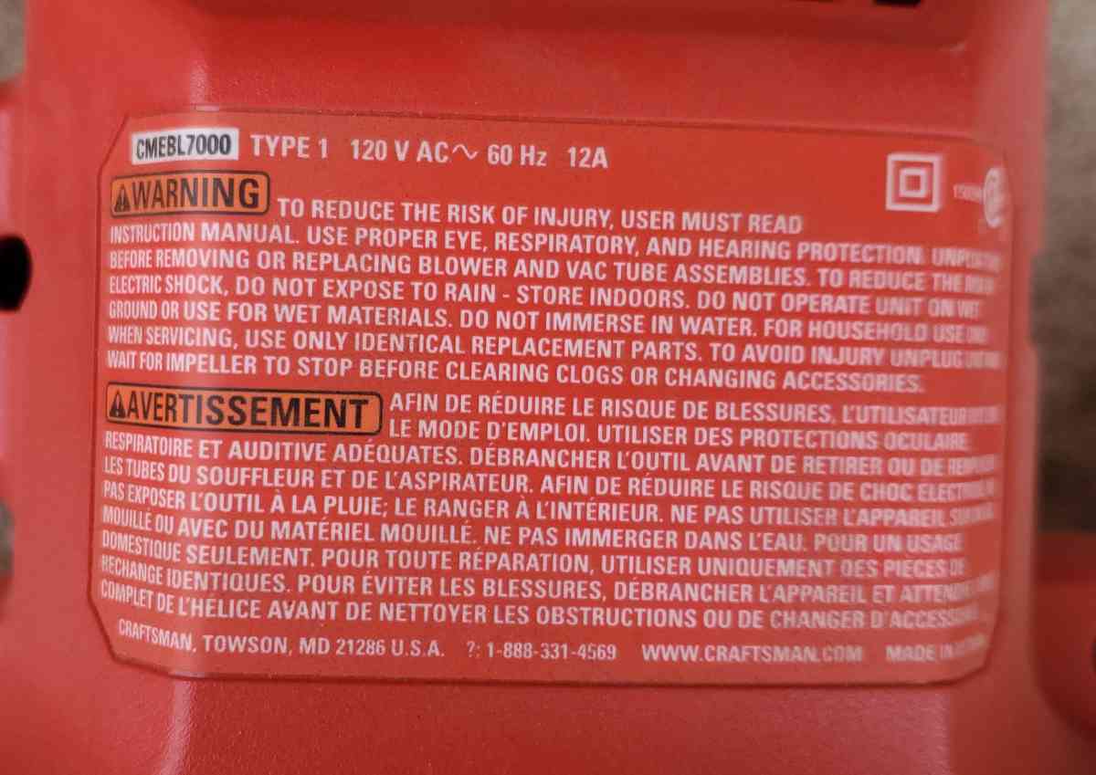 Craftsman  Corded Electric Leaf Blower  Vaccum w Bag  Model