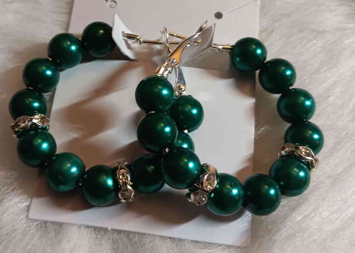 Silver and Green Beaded Hoop Earrings