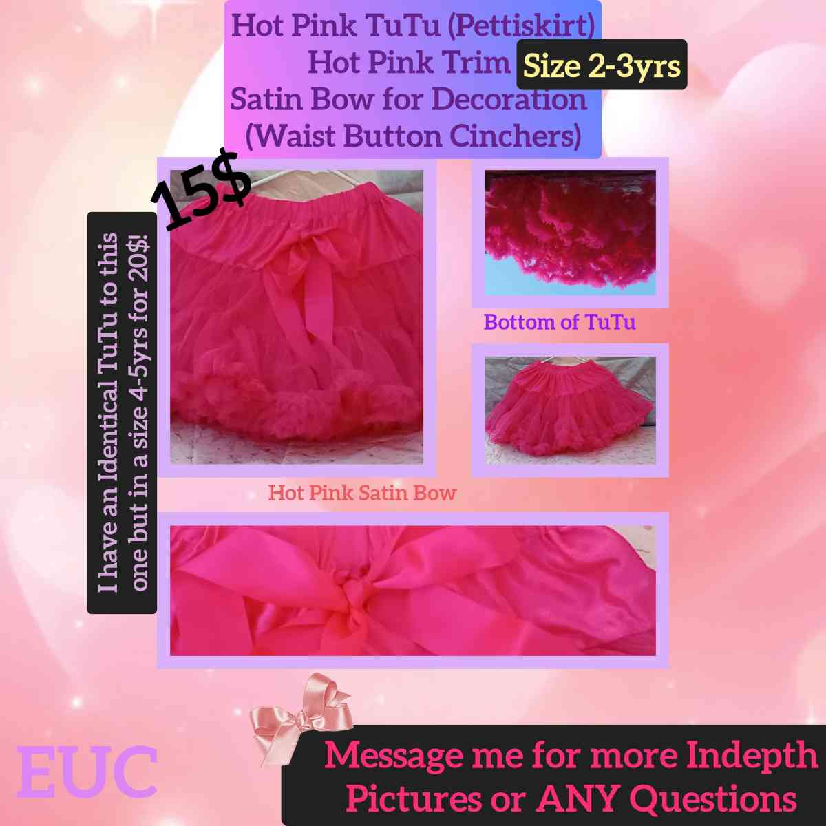 2 to 3yrs Hot Pink TuTu Pettiskirt EUC Button Cinchers