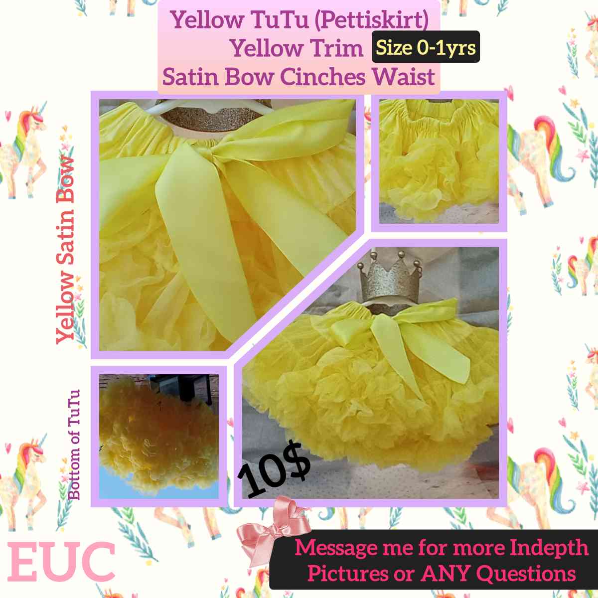 0 to 1yrs Yellow TuTu Pettiskirt EUC Bow Cinches Waist