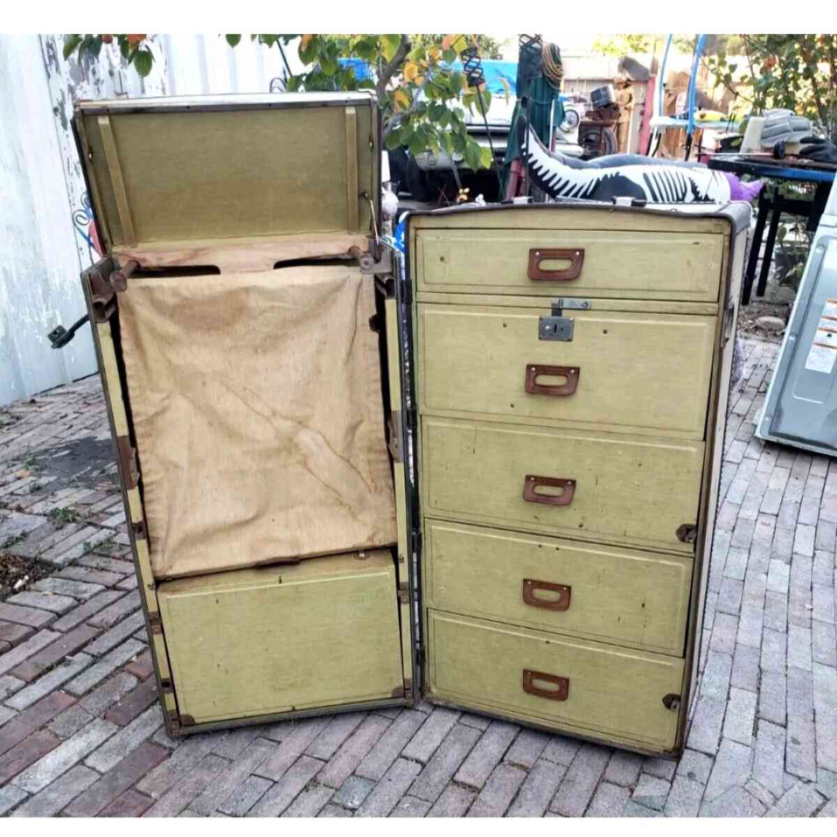 1900s Oshkosh Steamer Trunk 5 Leather Handle Drawers Hangers