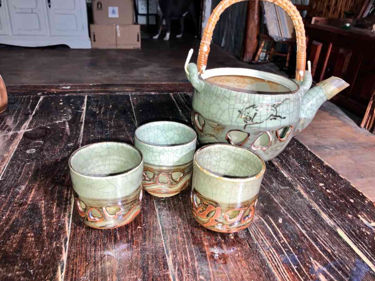 Vintage Japanese Somayaki Somamare 3 Tea Set Green Crackle G