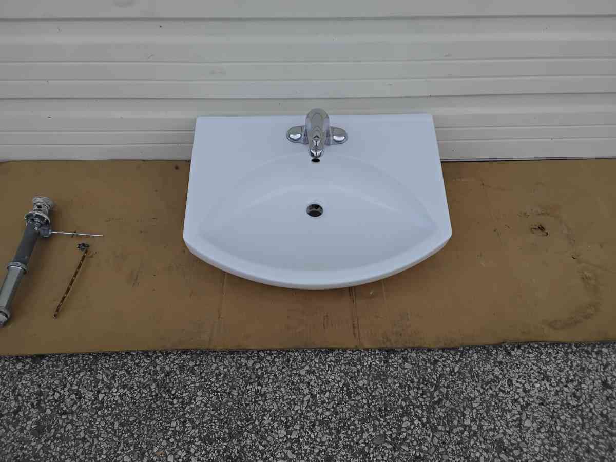 White Bathroom Wall Mount Vanity Sink Plus Faucet Like New
