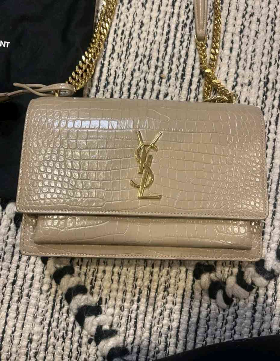 YSL Dark  Beige Medium Sunset CrocEmbossed Leather Shoulder