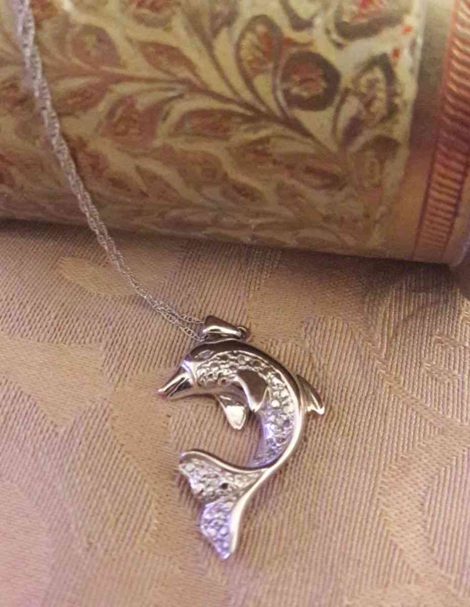 10K White Gold Diamond Dolphin Necklace