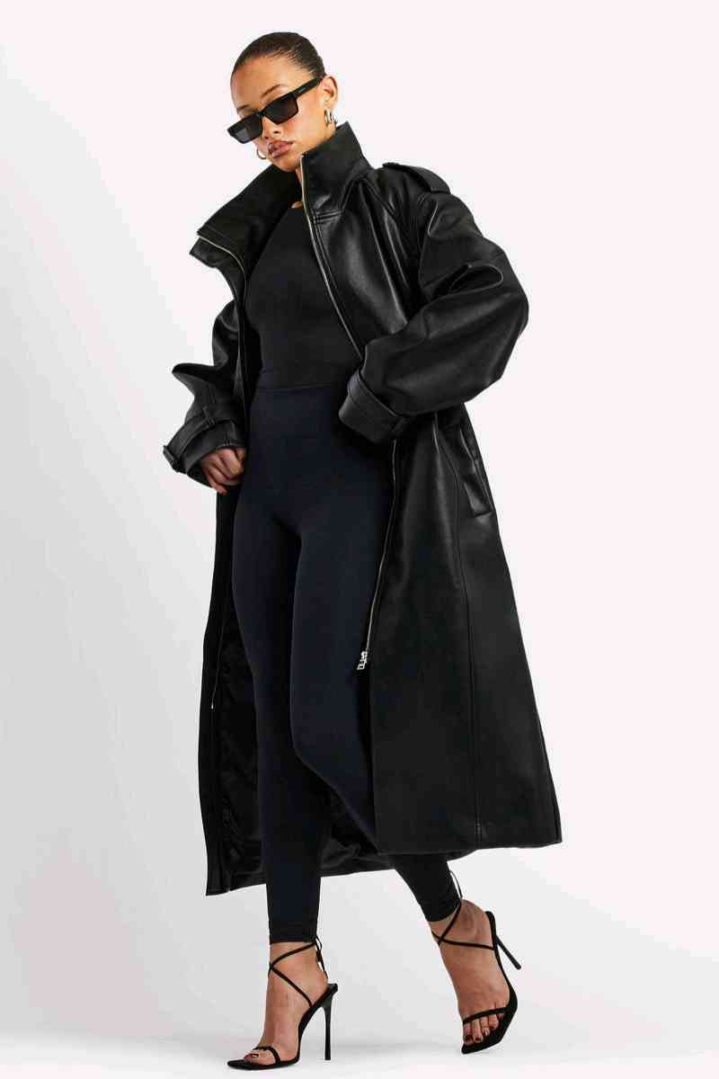 black leather trench coat