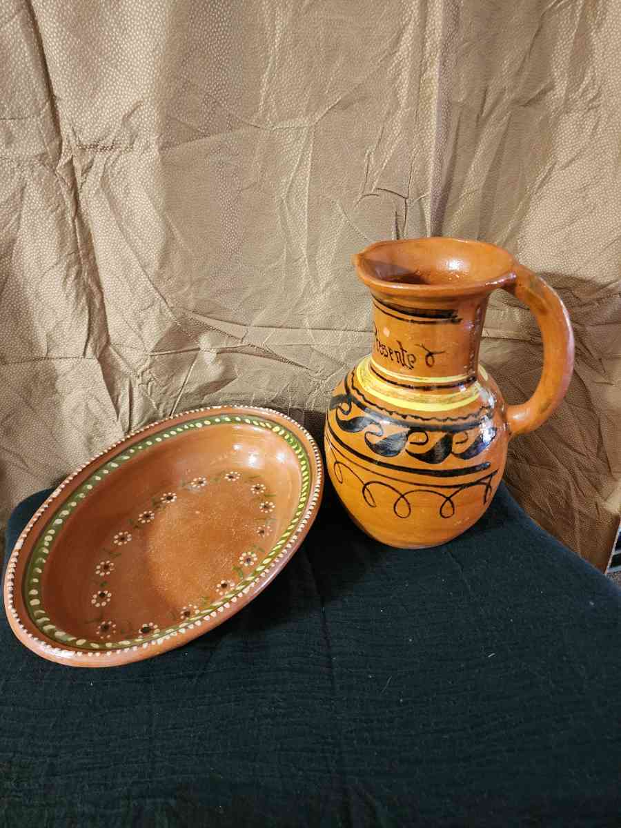 Hand painted Clay Mexican pitcher and bowl
