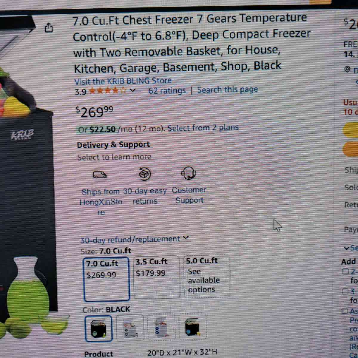 7 cubic feet black chest freezer