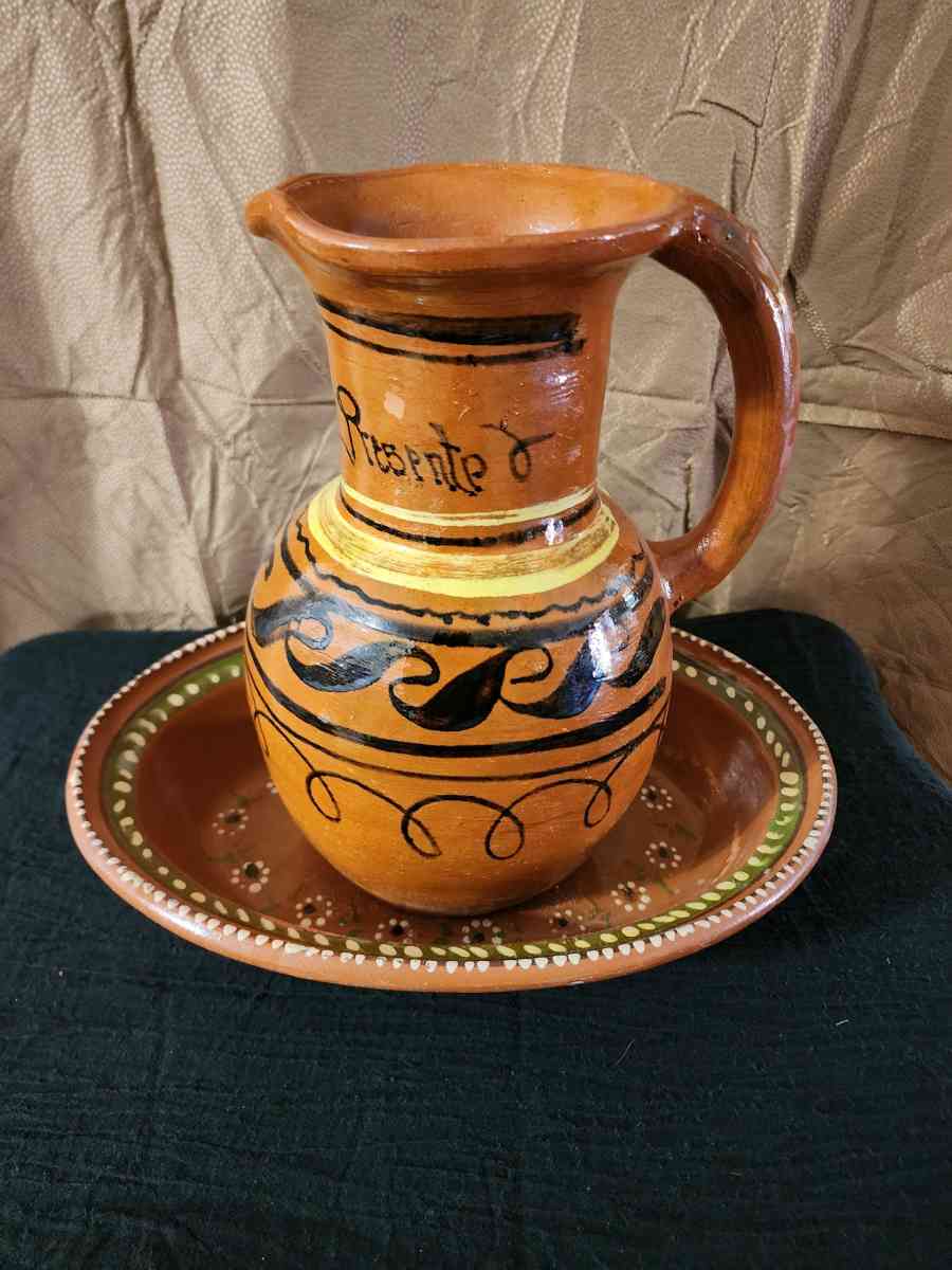 Hand painted Clay Mexican pitcher and bowl