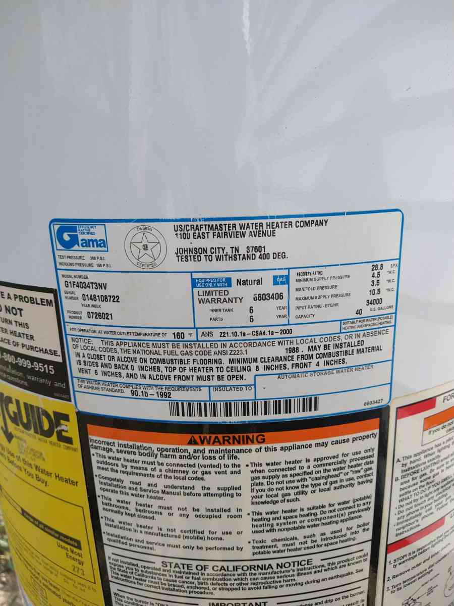 hot water tank 40 gal natural gas