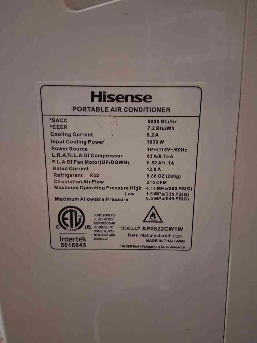 8000 btu Hisense portable air conditioner