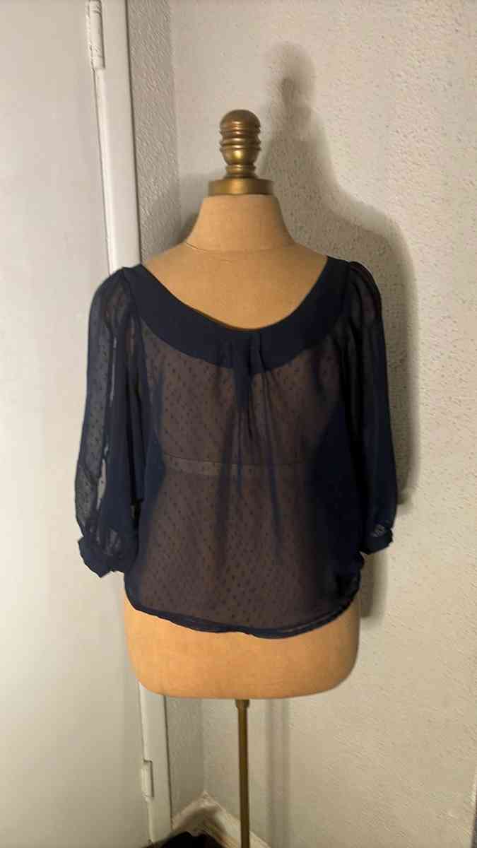 Xhilaration Sheer Navy Polka Dot Blouse Size S