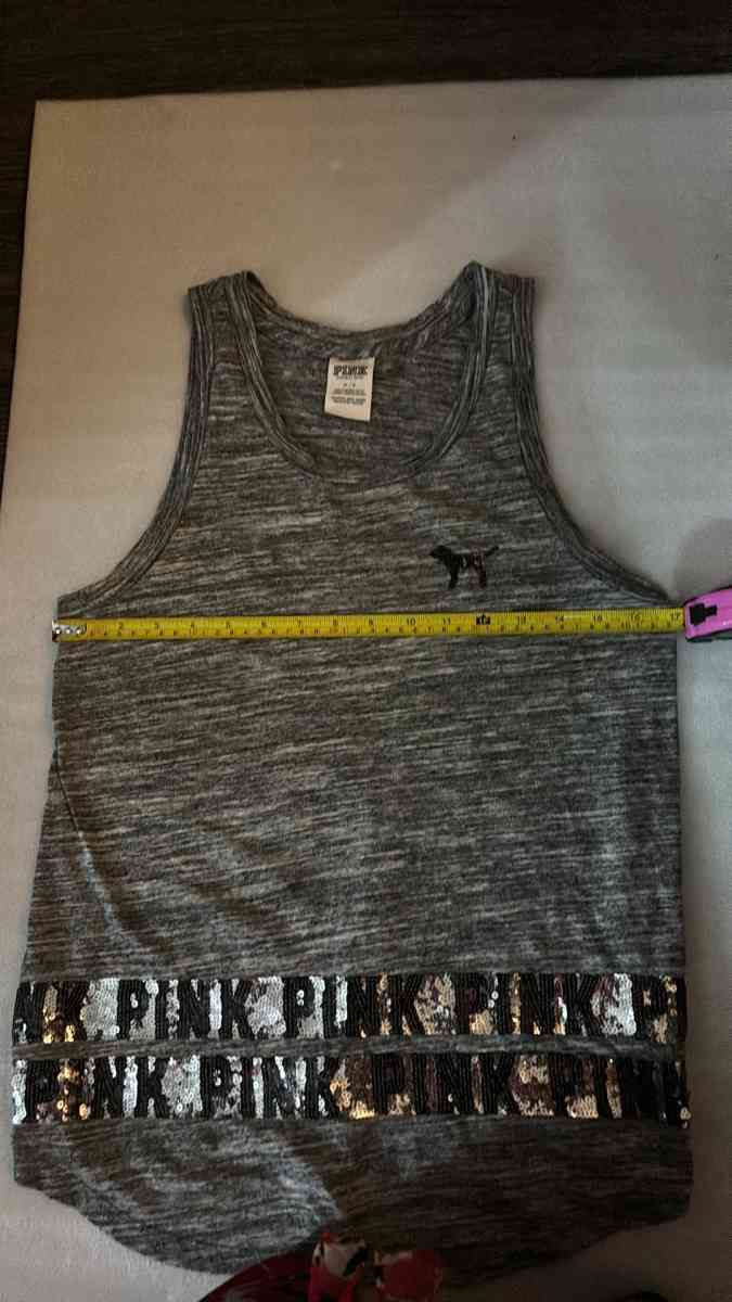 PINK Victorias Secret Bling Sequin Grey Tank Top Logo Womens