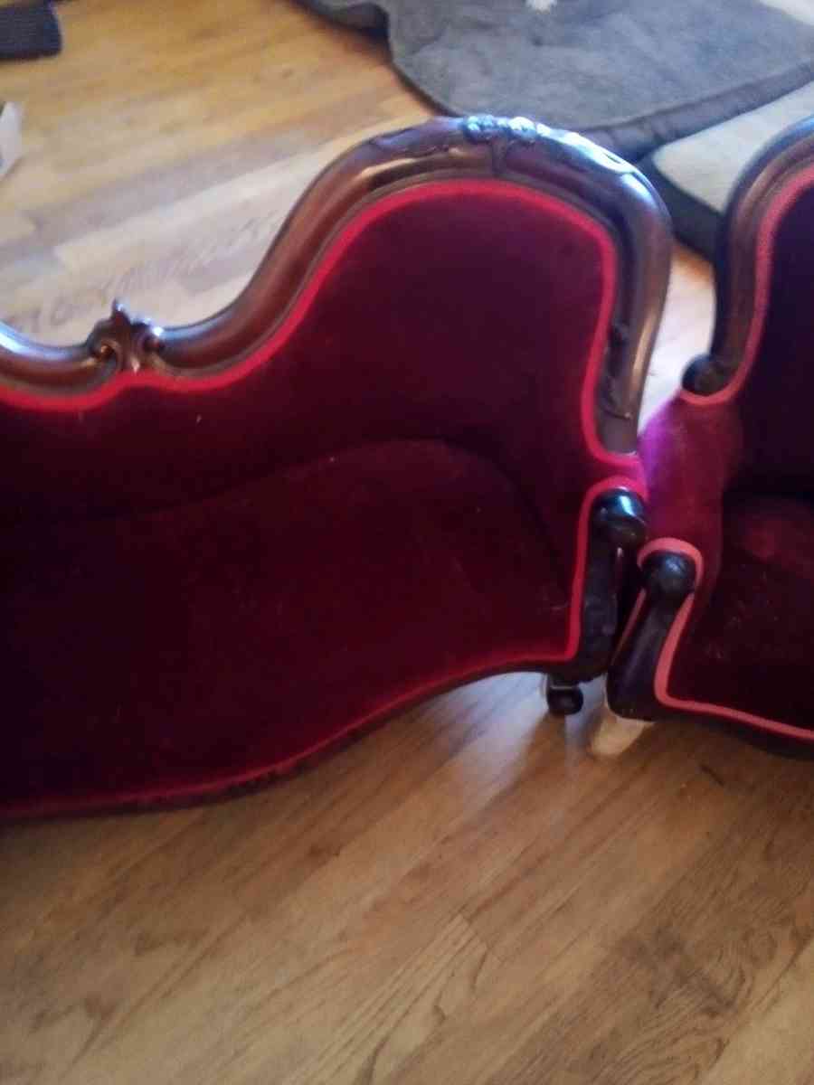 childrens Victorian style couch and chairs velvet  mahogany