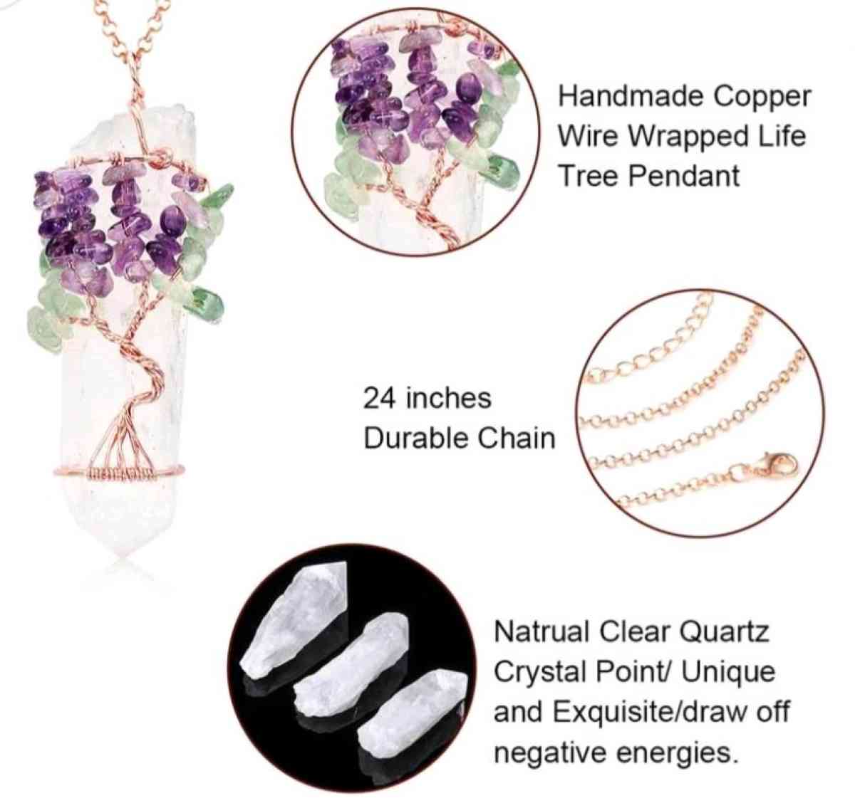 CRYSTAL QUARTZ WIRED TREE OF LIFE NECKLACE